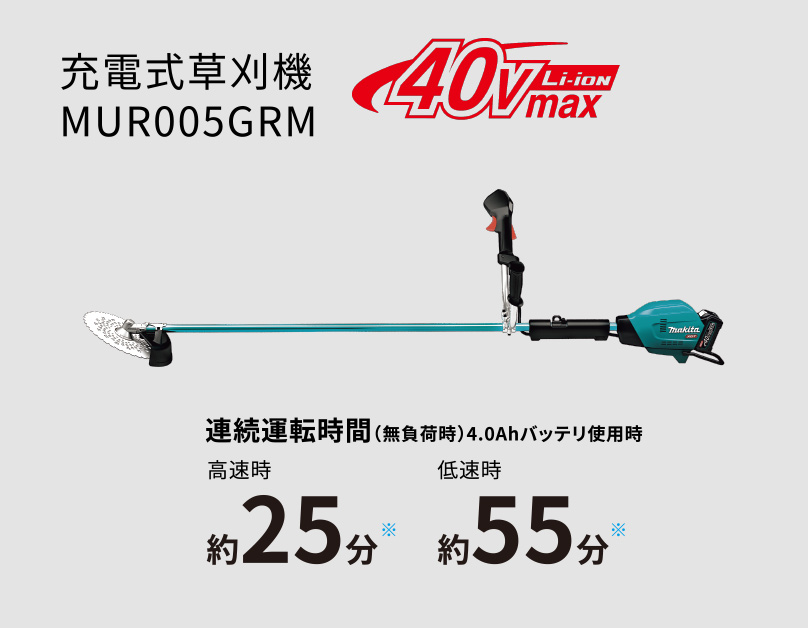 充電式草刈機MUR005GRM 連続運転時間(無負荷時)4.0Ahバッテリ使用時 高速時 約25分 低速時 約55分