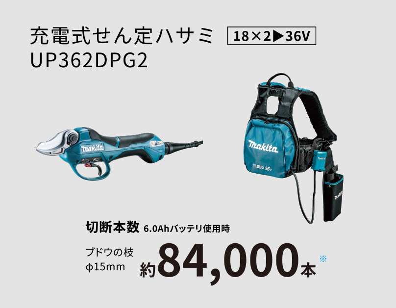 充電式せん定ハサミUP362DPG2 18×2▶︎36V 切断本数 6.0Ahバッテリ使用時 ブドウの枝φ15mm 約84,000本